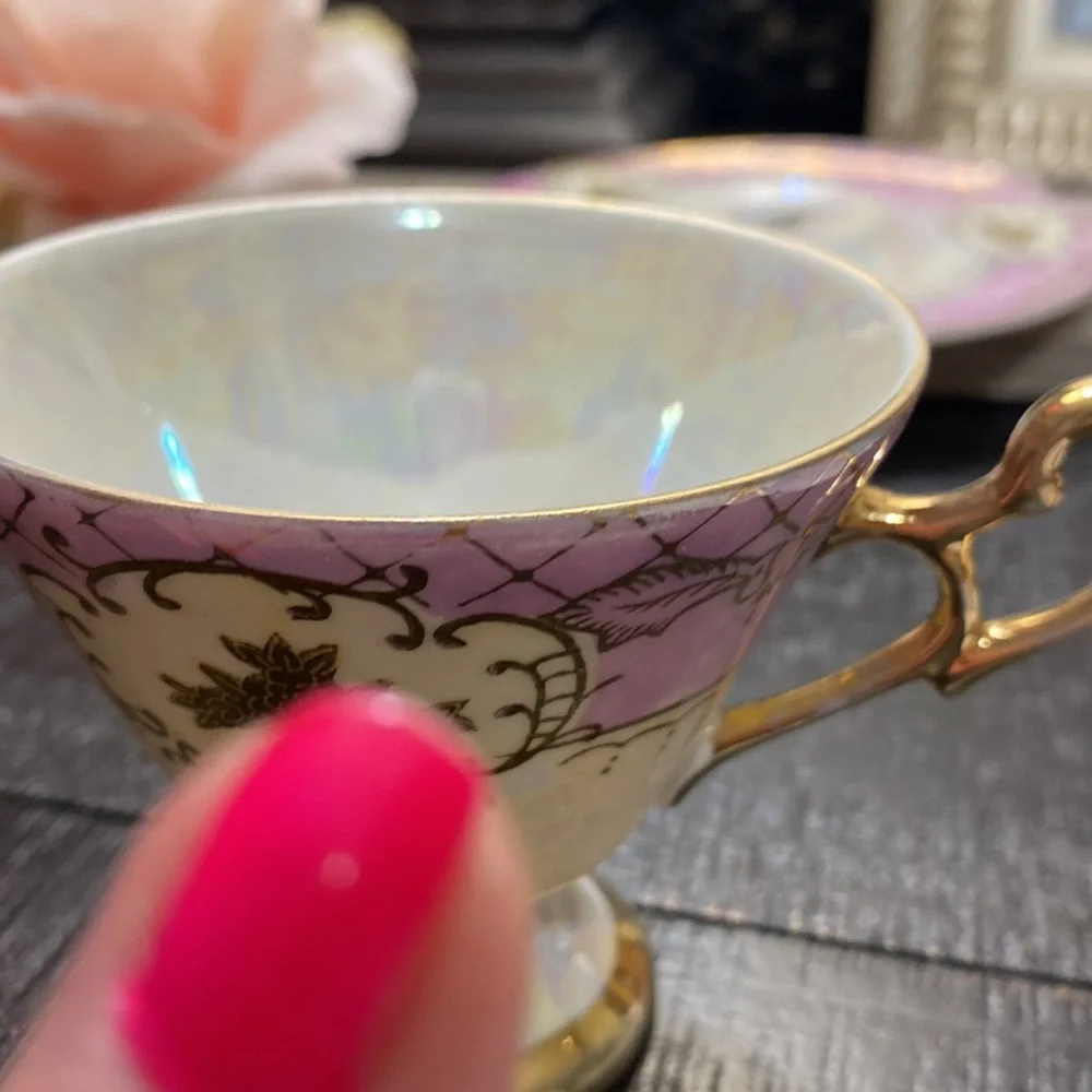 Vintage MCM Classica Japan Pink Lusterware High Pedestal Teacup With Saucer!